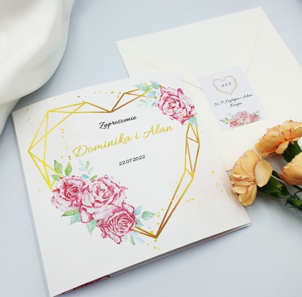 Zaproszenie ślubne - Geometryczne serce 2,30 zł - Z różowymi kwiatami